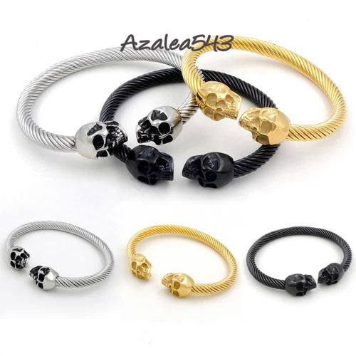 Men Silver Black Gold Tone Skull 316L Stainless Steel Cable Cuff Biker Bracelet