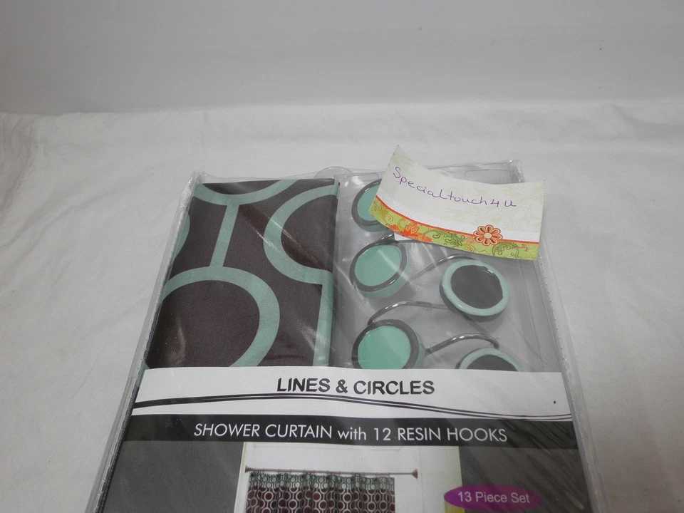 Linhas e círculos de banho populares 13 peças cortina de chuveiro e ganchos de resina verde chocolate - Imagem 2 de 4