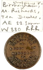 1852 Extremely Rare Birmingham farthing token M RICHARDS tea dealer - W# 880 RRR
