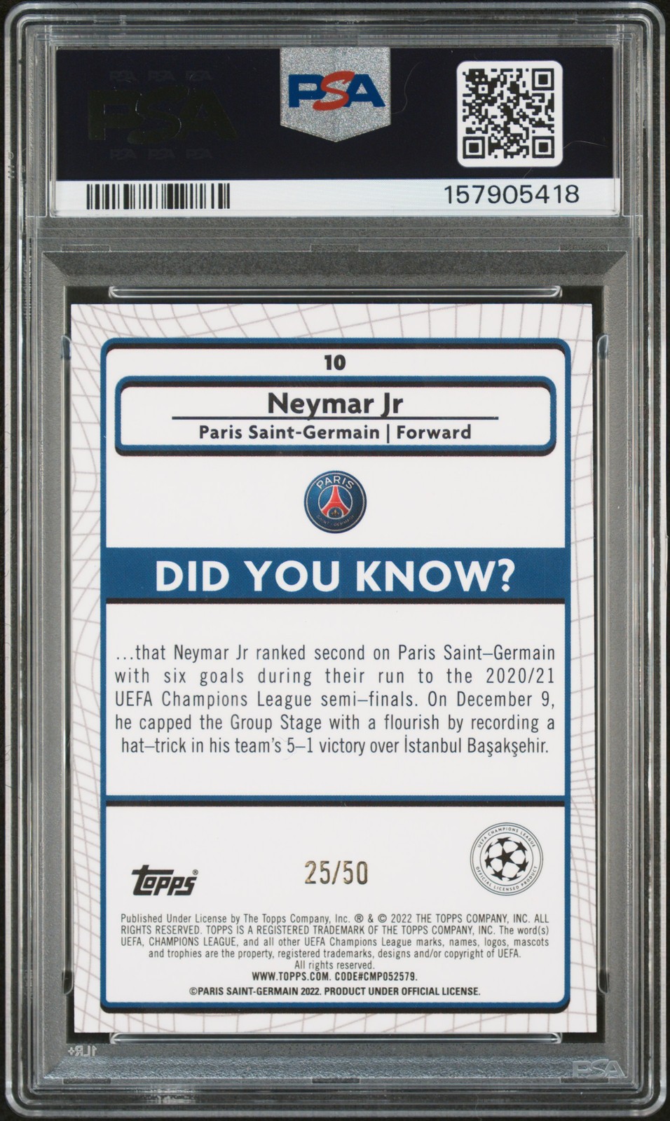 2021-2022 TOPPS MERLIN CHROME UEFA LEAGUE #10 NEYMAR JR 25/50 PSA 8 view 2
