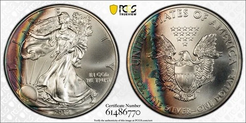 2012 American Silver Eagle Rainbow Toned PCGS MS68 Gold Shield Item#411