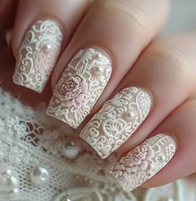 24 Pcs Press-On Nails Medium Square - Pale Green Nails w/Lace  Floral Print