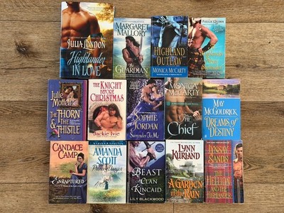 Romance Scottish Highlander novels books, lot of 14, spicy steamy open door