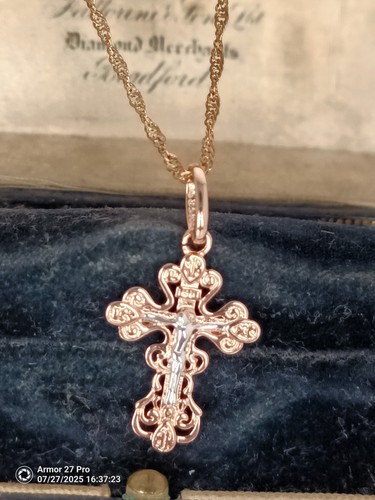 Vintage 1990-s 14 CT Rolled Gold Cross Pendant on Chain-Hallmarked 585 RG