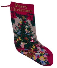 VTG Christmas Stocking Needlepoint And Beaded Christmas Tree Victorian Red Back
