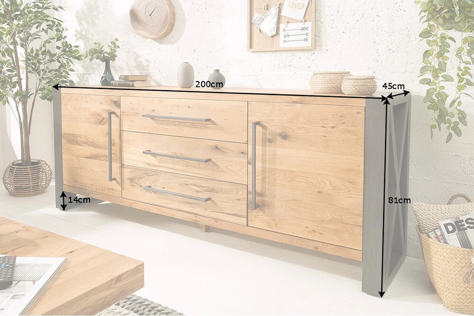 Massivholz Sideboard THOR - 200cm - natur - Wildeiche Metall - mit Schubladen - Bild 2 von 4