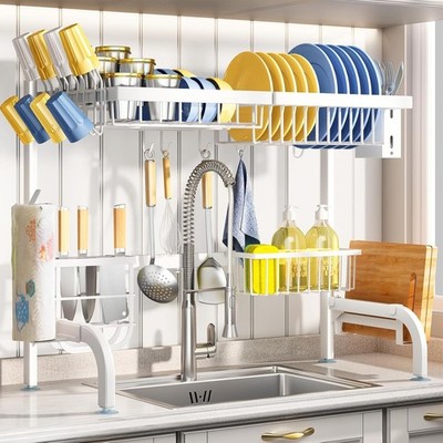 Over The Sink Dish Drying Rack Adjustable 25.5 to 36.5 inch 2 Tier Metal Steel