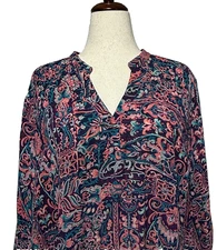 Boutique Top Womens 3X Blue Pink Paisley Colorful Balloon Sleeve V Neck Career