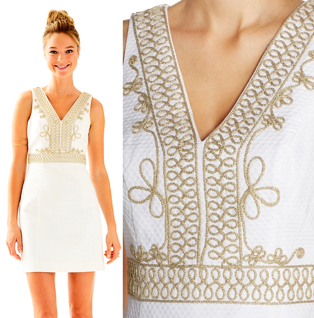 228 Lilly Pulitzer Aveline Resort White Gold Corded Lace V Neck Shift Dress