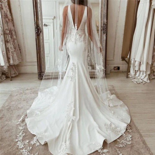 Beach Mermaid Wedding Dresses Sexy Deep V-Neck Backless Sweep Train Bridal Gowns - Image 3 of 4