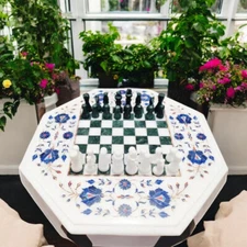 24" Beautifully Handcrafted White Marble & Lapis Chess Board Luxury Game Room De