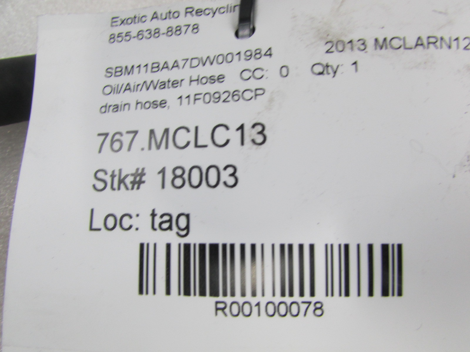 Mclaren MP4-12C, Drain Hose, Used, P/N 11F0926CP
