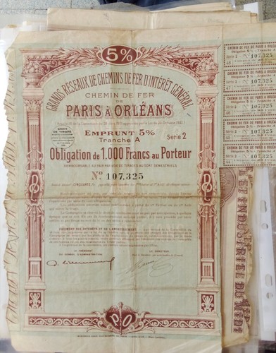 Obligation/Empreint 1000 Francs-1921-Au Porteur-Chemins De Fer-Paris Orleans-TB