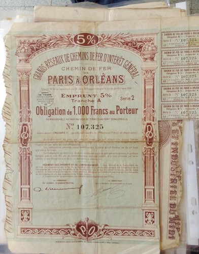 Obligation/Empreint 1000 Francs-1921-Au Porteur-Chemins De Fer-Paris Orleans-TB - Afbeelding 1 van 4