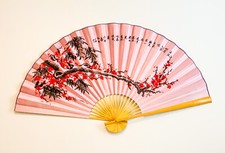 Large 60 35 in Oriental Wall Hanging Folding Fan Plum Flower Design Pink Fabric