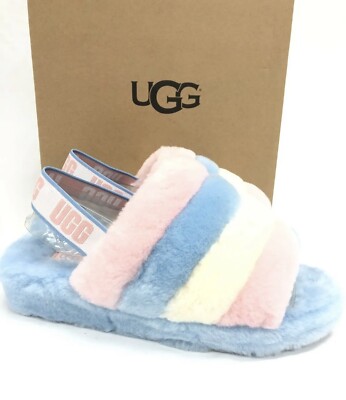 UGG Fluff Yeah Slide Pride Stripe Blue Pink White Slippers MENS US