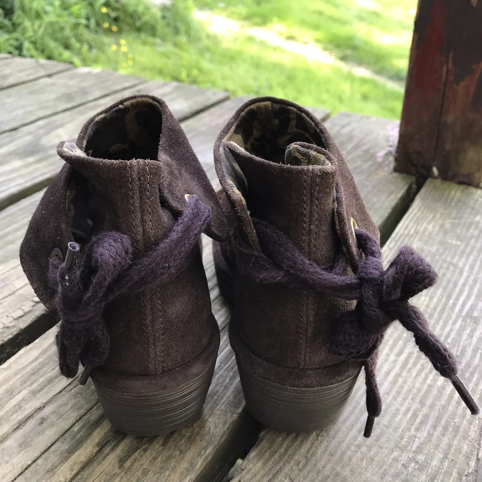 FLY London Yebi Espresso Suede Ruched Ankle Wedge Boots w Tie EU 37 US 6.5 Y2k - Image 3 of 4