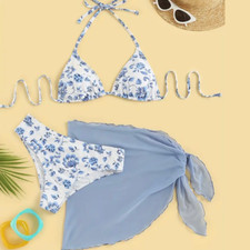 3pc Floral Swimwear Halter String Bikini Top, High Cut Bottom Swimsuit Sarong