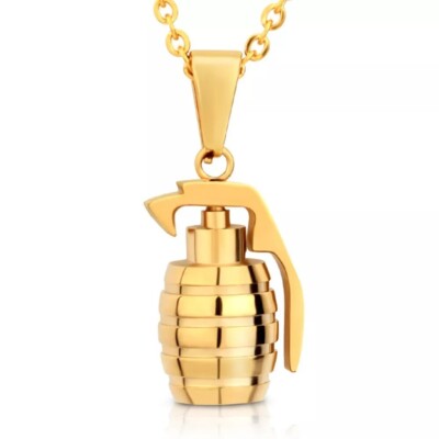 Gold Stainless Steel Mini Grenade Pendant Necklace, Army, Veteran, Bruno Mars