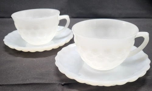 Set of 2 Vintage Anchor Hocking Milk Glass Bubble Pattern Tea Cup and Saucer
