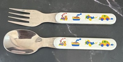 Vintage Toddler Kids Fork Spoon Set   Stainless Taiwan   Plane Train Boat Car