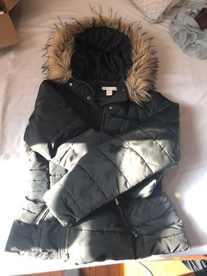 H&M Women's Black Padded Puffer Jacket with Faux Fur Hood