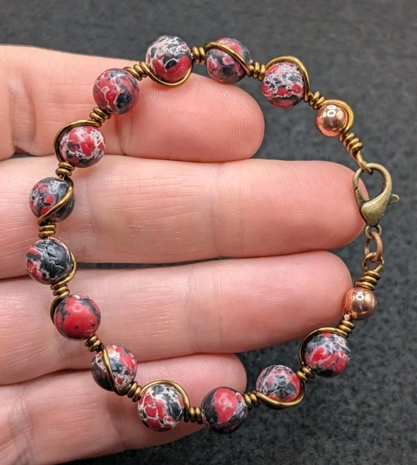 女士的红色黑色独特 8 毫米混合串珠手链扣 (16 厘米) 6 英寸小手腕  — 第 2/4 张图片