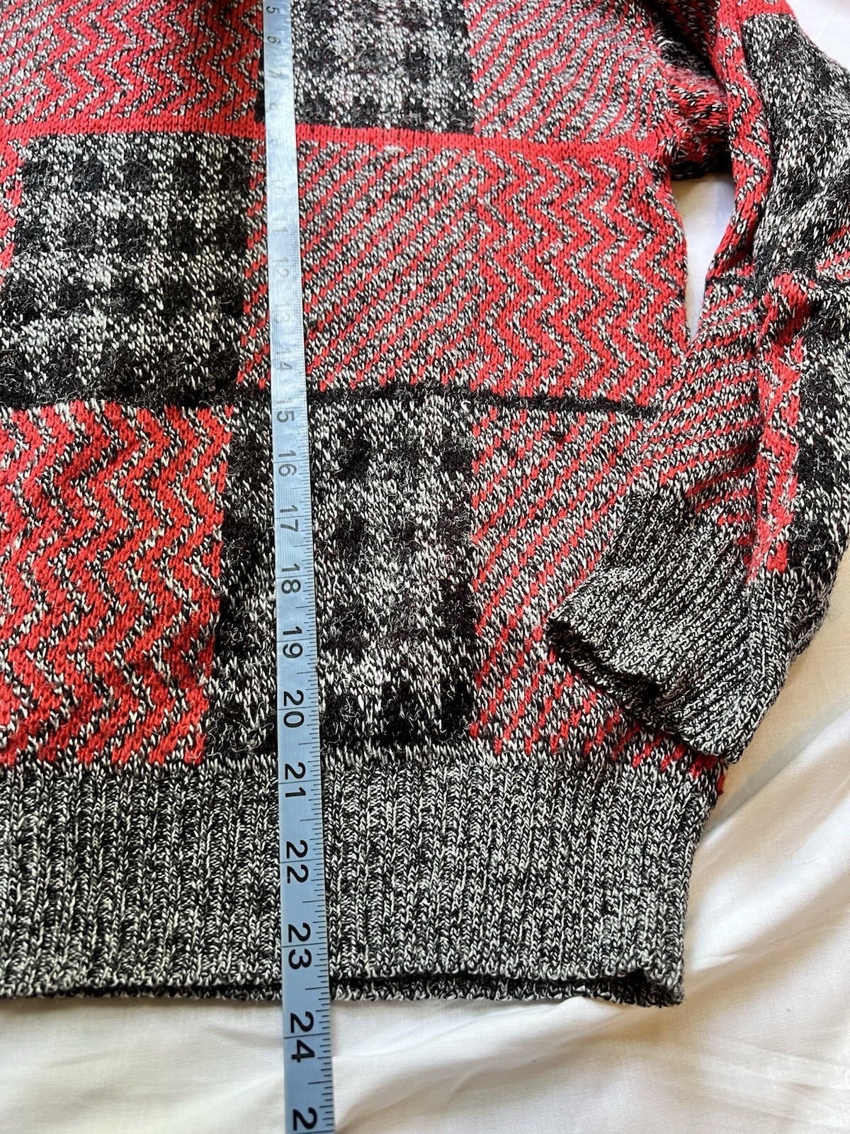 Patchwork Knit Sweater with Red and Grey Checks M… - image 9