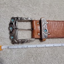 Ladies 2" wide Tan Turquoise Ornamented Leather Belt Western Style Broken Piece
