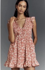 Anthropologie The Peregrine Mini Cotton Dress With Pockets Coral Floral Size XS