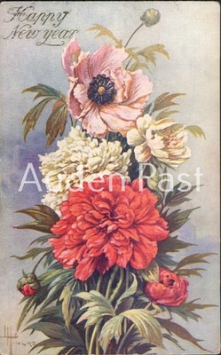 Happy New Year Pfingstrosen Postkarte Sid's Edition Floral Art Polychrom 1034