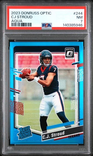 C.J. CJ STROUD 2023 OPTIC #244 AQUA PRIZM ROOKIE RC #081/299 SP PSA 7 NM TEXANS!