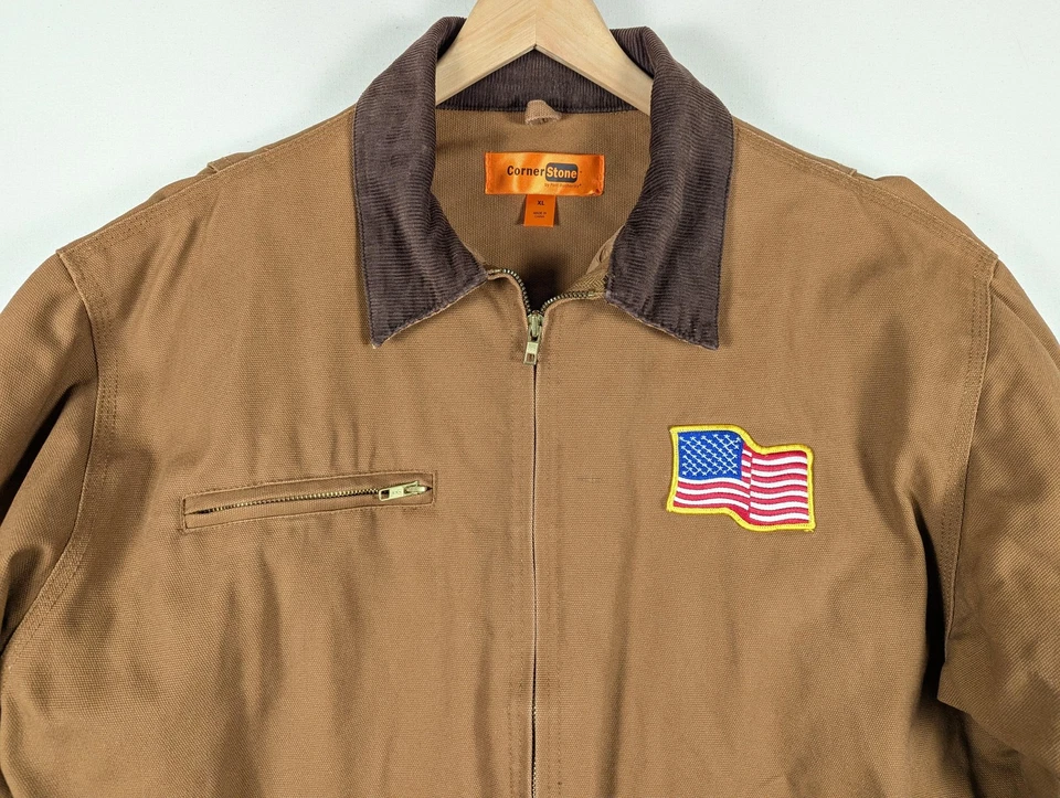 CornerStone Work Jacket Mens XL Brown Duck Quilted USA Flag Patch J763 - Image 3 of 4