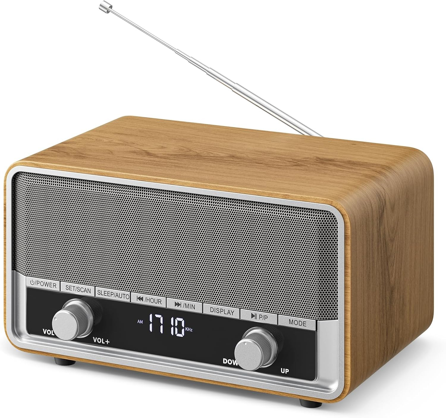 Vintage Wood AM FM Bluetooth Radio with Clock, Digital Clock Radio for Bedroom w