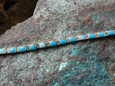 Turquoise & Lab Created Opal Gemstone Brass Hinged Adjustable Bracelet NEW AT14