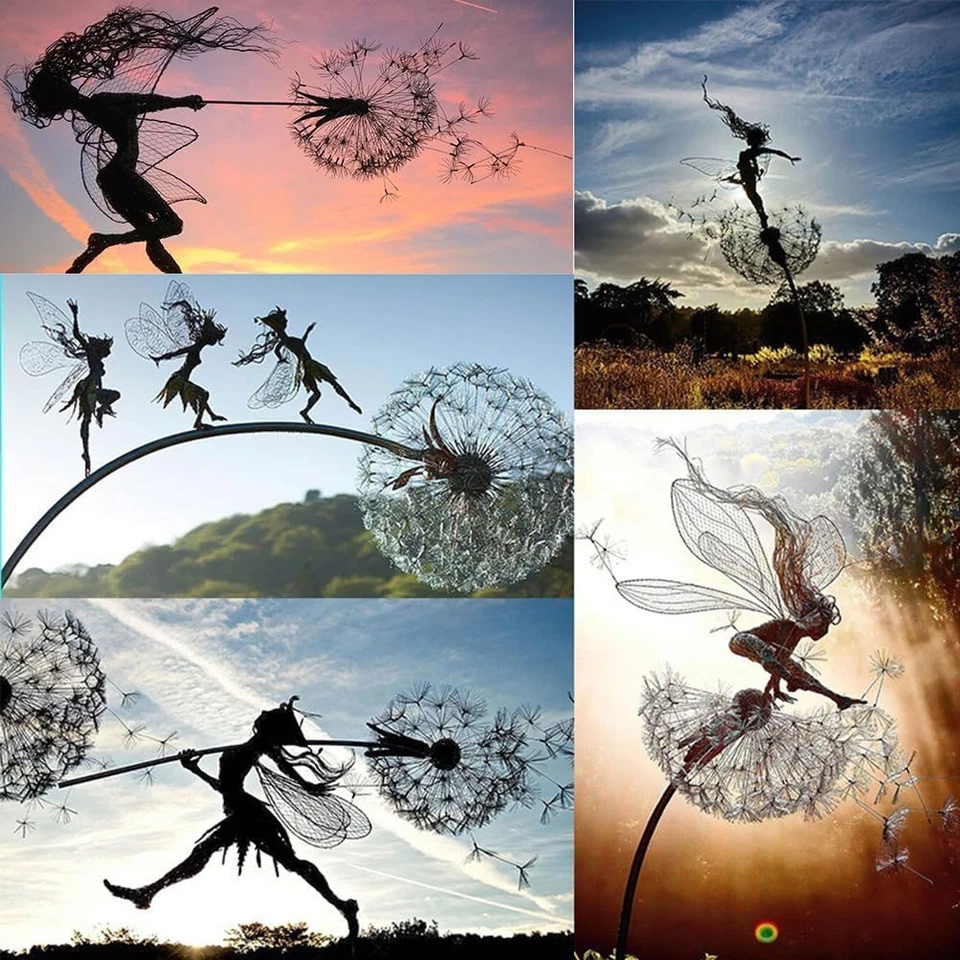 Estátua de aço inoxidável escultura arte jardim fada flor dança com dente-de-leão - Imagem 4 de 4