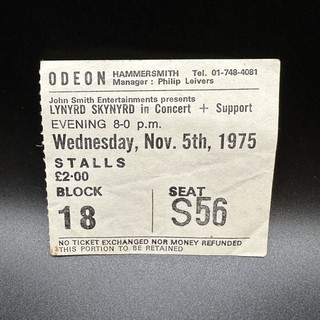 LYNYRD SKYNYRD CONCERT TICKET STUB NOV 5 1975 ODEON LONDON