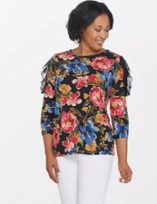 Susan Graver Printed Liquid Knit Top with Lace  Chiffon Details Black XL A31009