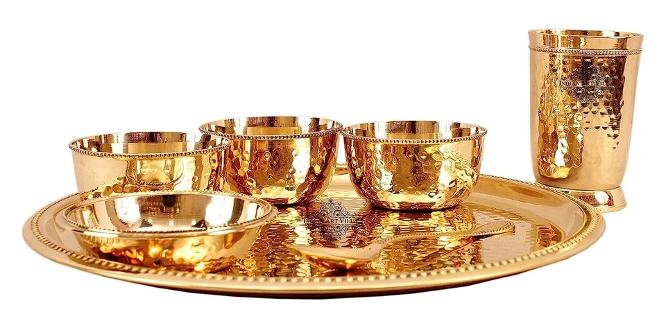 Brass 7 Pcs Dinner Set Plate, 1 Glass, 1 Spoon, 1 Small Plate & 3 Bowls Set of 2 - Image 3 of 4