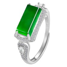 Certified Grade AAA Natural Rectangle Green Jade jadeite S925 Silver Inlay Ring