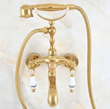 Gold Color Brass Wall Mount Bathroom Clawfoot Bath Tub Faucet w/Handheld Shower