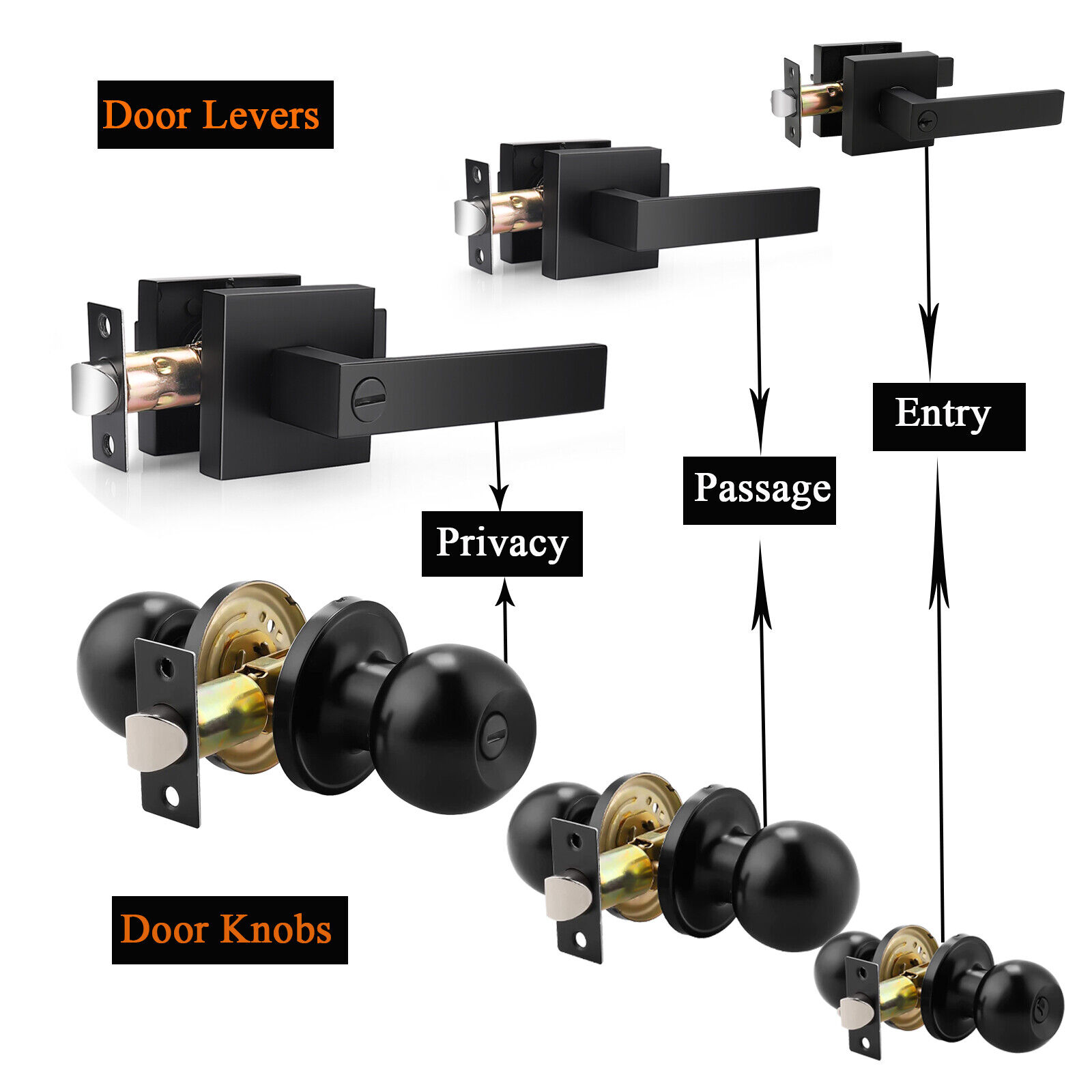 Black Door Handles Wave Style Levers, Entry Keyed/Privacy Lock/Passage -  Probrico