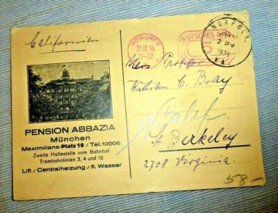 VINTAGE POSTCARD FROM PENSION ABBAZIA MUNICH PROF. BRAY CAL UC BERKELEY CA 1935