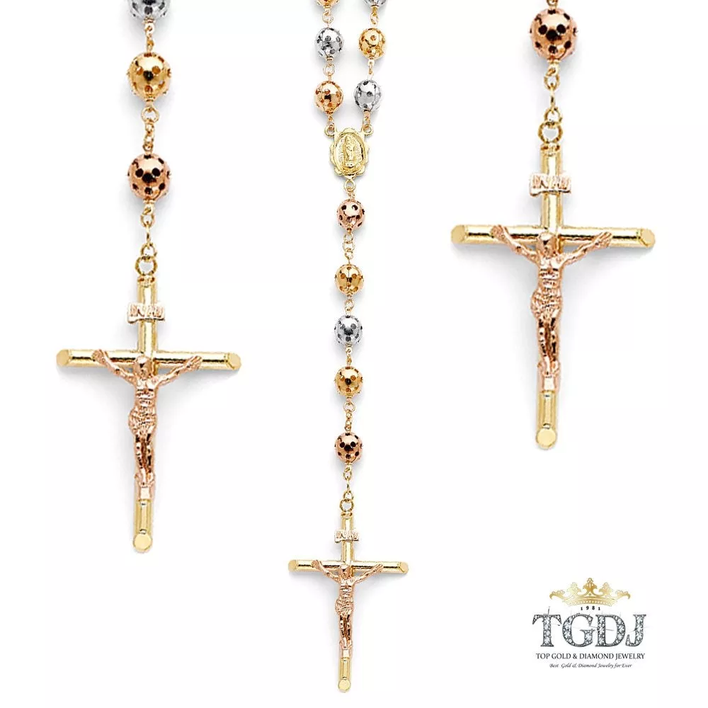 14K Tri Color Gold 8mm Puff Ball Virgin Guadalupe Rosary Necklace