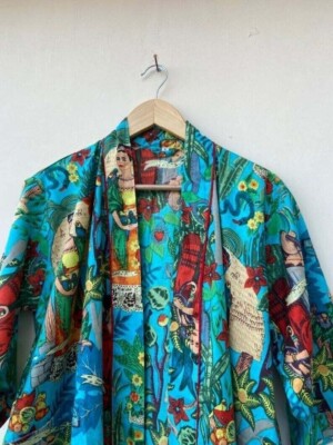 Frida Kahlo Long Cotton Kimono, Indian Handmade Vintage Cover Up, Bath Robes