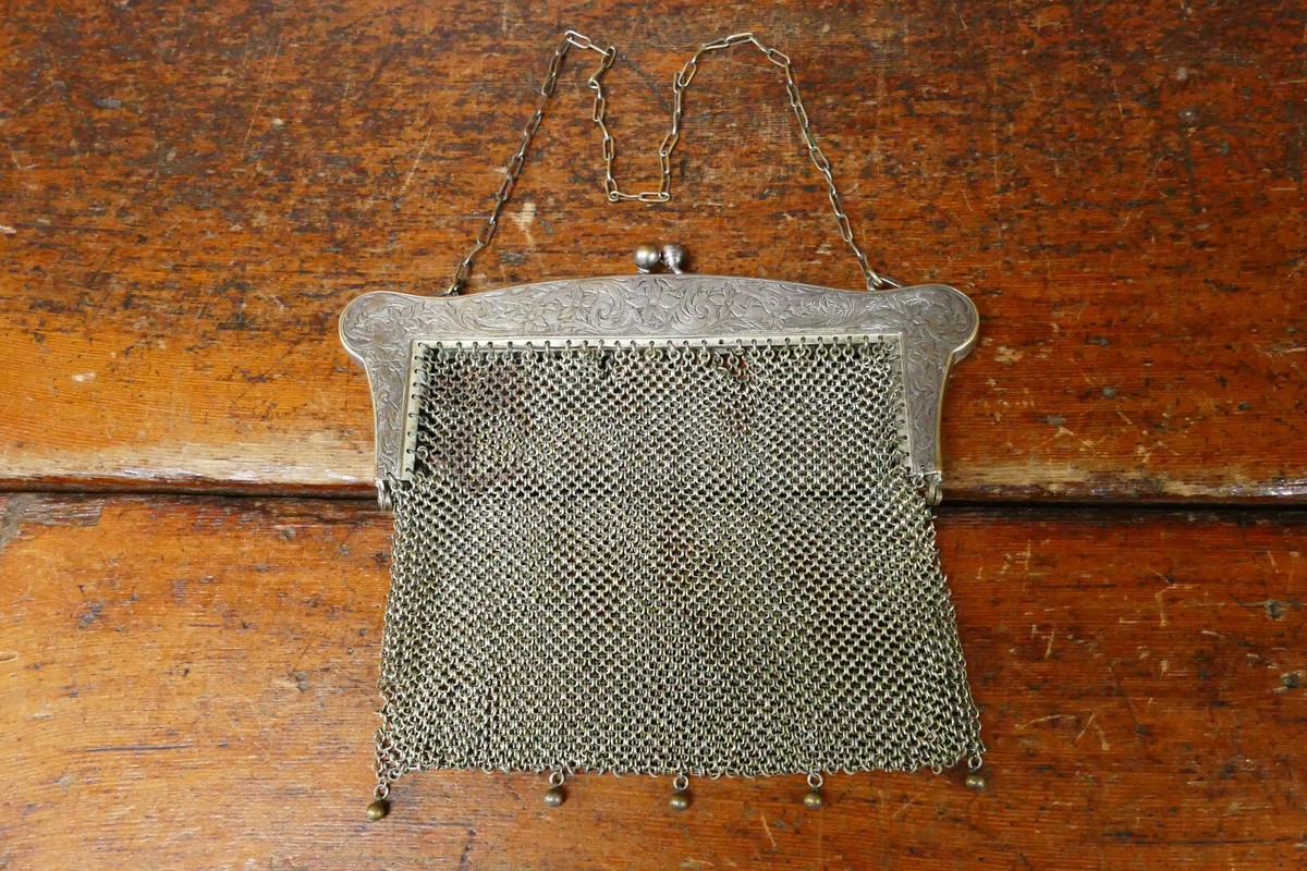 Antique Vintage German Silver Mesh Flapper Purse Floral 