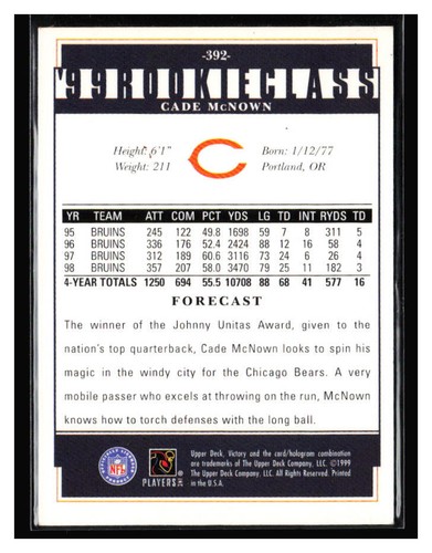 1999 Upper Deck Victory Rookie Class #392 Cade McNown - Picture 2 of 2