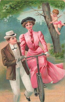 Fein Gekleidetes Paar-Cupid Uhren Romantische Fahrradstunde~1910er Postkarte