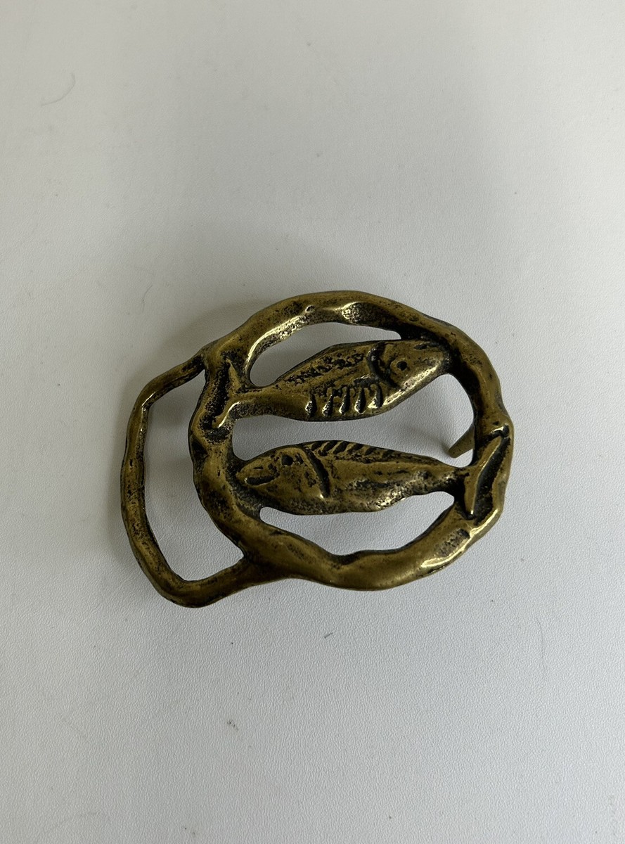 VINTAGE BRUTALIST MID CENTURY BELT BUCKLE SOLID BRASS PISCES  display picture 1
