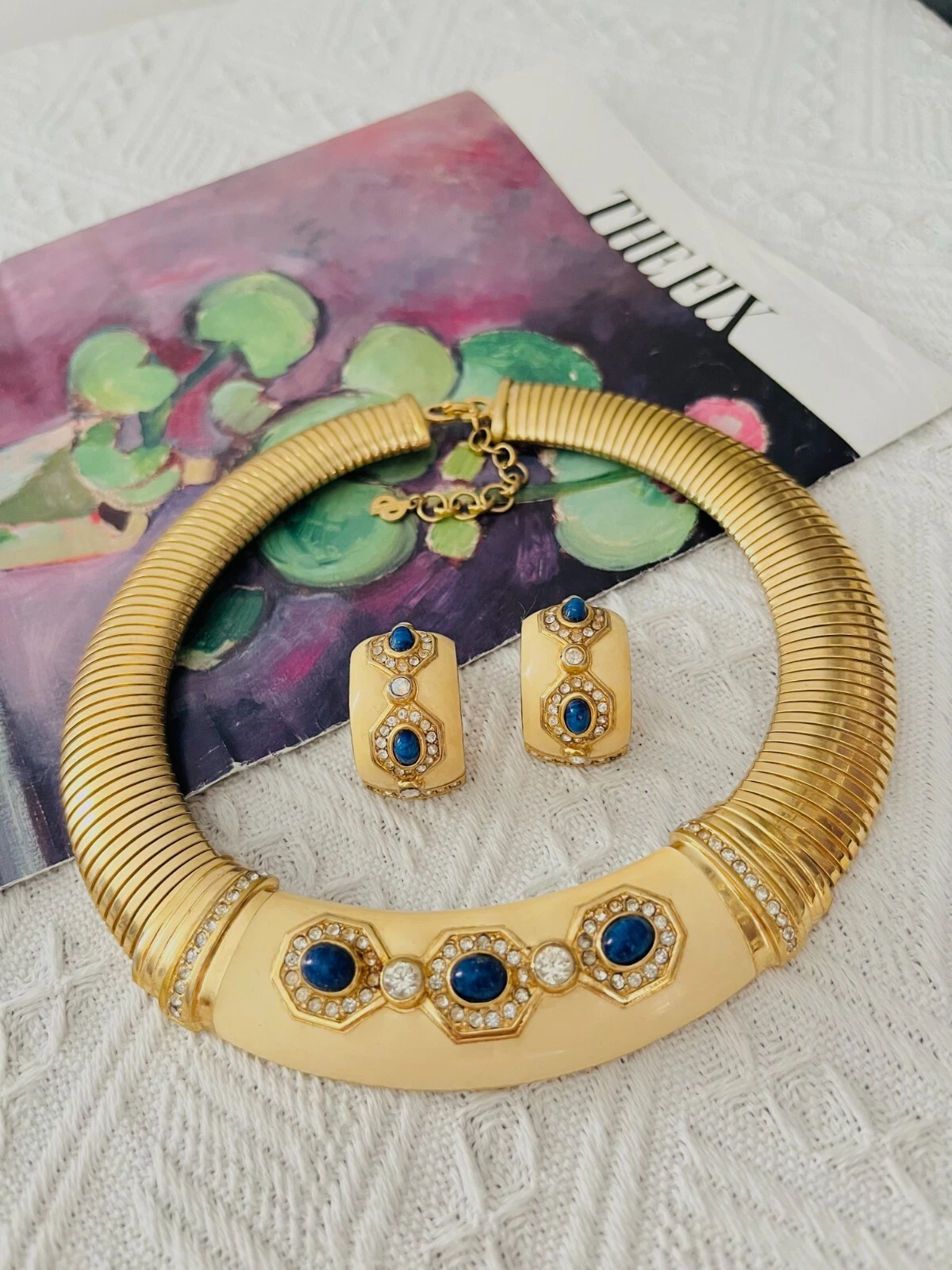 Boucles d'oreilles dôme col oméga large cristal lapis jaune Christian Dior vintage, ensemble